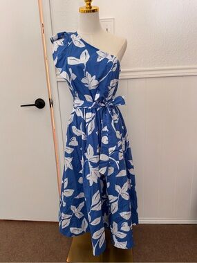 J. Crew Blue One-Shoulder Floral Midi Dress with Self-Tie Waist